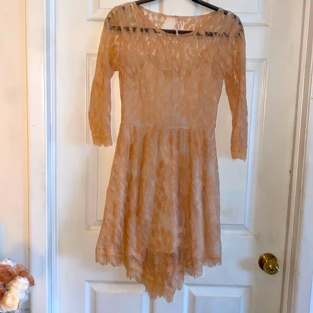 Free People dress. Sheer leaf patterned overlay; attached slip